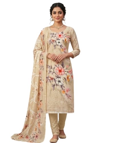 Image of KTI Women Cotton Unstitched Salwar Suit Material with Dupatta Geometric & Floral Printed Dress Material for Daily Wear Casual & Office Wear