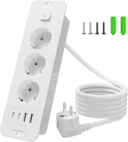 Inhwatek Steckdosenleiste mit USB (PD 20W), 3-Fach Einbausteckdose, 7-in-1 Versenkbare Steckdose Tischsteckdose, Mehrfachsteckdose mit 2M Kabel Für Küche Büro Arbeitsplatte, 16A/4000W