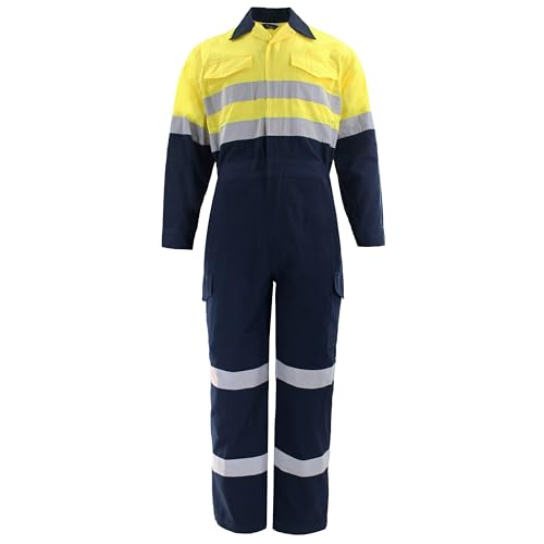 Coverall for Men High Visibility with 2 Inch Reflective Tape for Industrial Workers Safety Classic Coveralls, Yellow&Navy-XXL