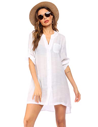 Ekouaer Strandkleid Damen Loose Kurz 3/4 Ärmel Bademode Strand Vertuschungen Kleid Sommer Strandponcho V-Ausschnitt Sexy, Weiß, XXL