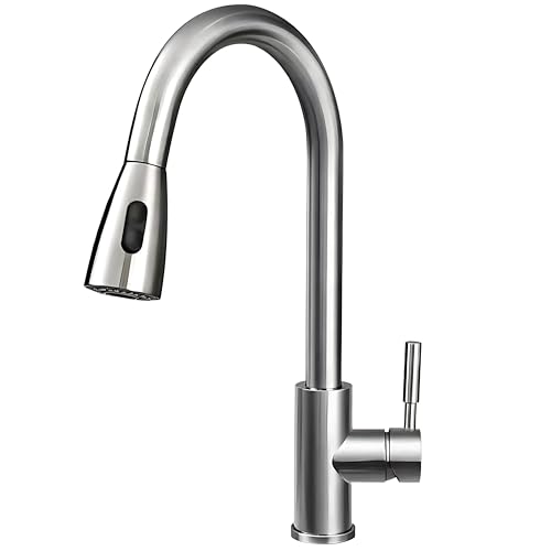 Image of SS-304 Pull Down Sprayer Kitchen Hot and Cold Sink Mixer Tap with 360 Swivel Spout and Pull Out Multifunction Spray Head Faucet - Regular (Flora Matt Silver)