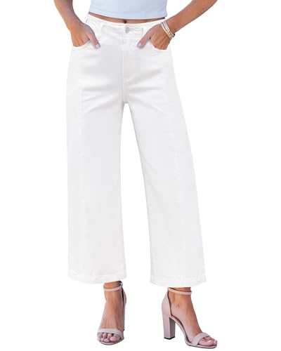 GRAPENT Wide Leg Jeans Woman Trendy Cropped High Waisted Front Seam Casual Stretchy Denim Trouser Jeans with Pockets