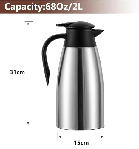 إبريق شاي حراري بسعة 2 لتر، مصنوع من الفولاذ المقاوم للصدأ ومعزول بتفريغ الهواء – ترمس كبير مزدوج الجدار بعزل يدوم طويلا وسكب سهل للقهوة والشاي والماء، فضي، من سكاي-تاتش