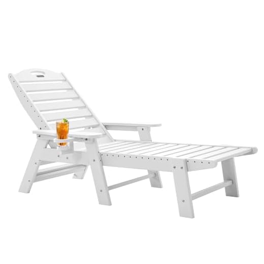 Chaise Lounge for Outdoor, Patio Lounge Chairs for Outside, Chaise Lounge Chair with 6 Positions, HDPE Lounge Chair with Cup Holder for Pool Poolside Deck Backyard Lawn, White