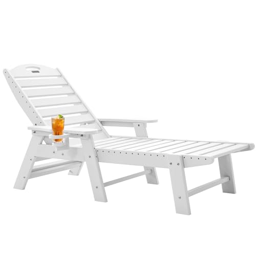 Ciokea Chaise Lounge for Outdoor, Patio Lounge Chairs for Outside, Chaise Lounge Chair with 6 Positions, HDPE Lounge Chair with Cup Holder for Pool Poolside Deck Backyard Lawn,White