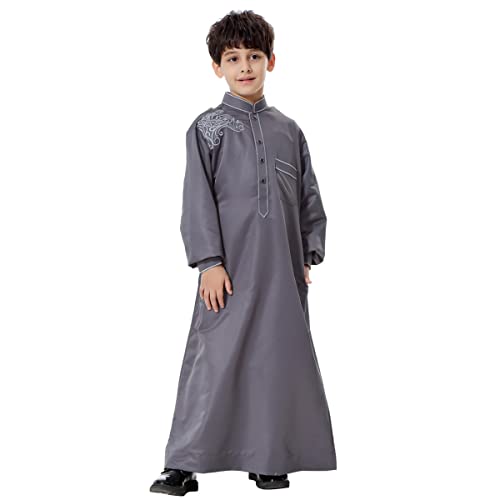 OBEEII Boy's Muslim Arab Thobe Solid Color Long Sleeve Kaftan Robe Islamic Arabic Abaya Thobe2