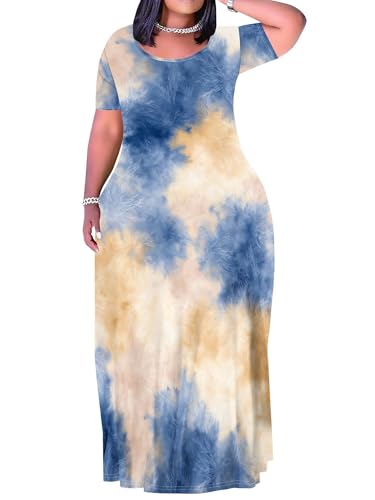 Image of PinkPatty Plus Size Dress for Women Casual Crew Neck Short Sleeve Maxi Dress Oversized Summer Beach Dresses with Pockets