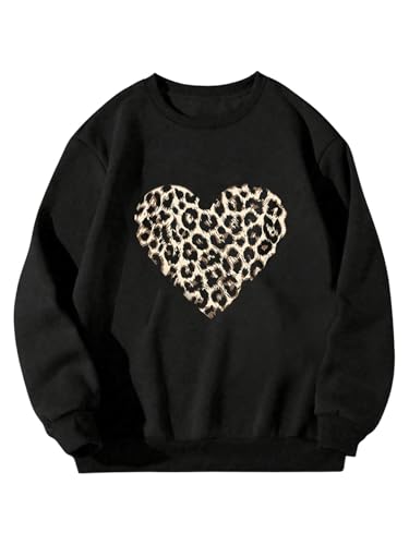 SweatyRocks Girl's Leopard Print Sweatshirts Heart Graphic Crewneck Long Sleeve Pullover Tops