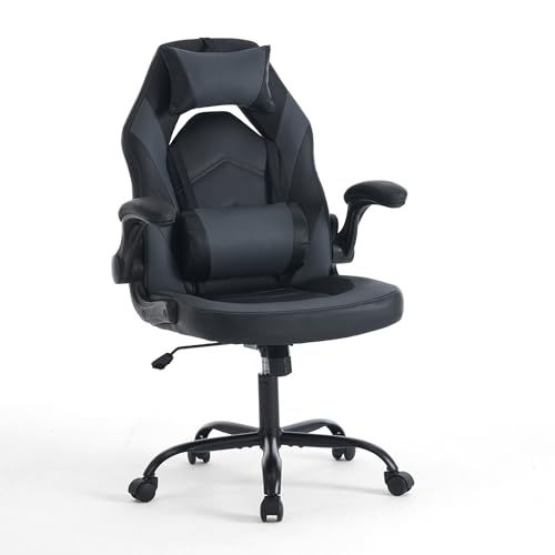 Image of Sweetcrispy Ergonomic Gaming Desk Chair - Computer Video with Comfy Lumbar Support and headrest, PU Leather with Flip-up Arms, Adjustable Height and Swivel Wheels, Home and Office, Grey