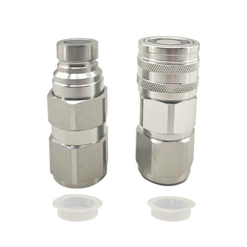 Image of Flat Face High Flow Hydraulic Quick Connect Coupler Set for Skid Steer,3 /4 inch SAE,5 /8 inch Body,Heavy-Duty Carbon Steel Coupling Thread with Dust Cap