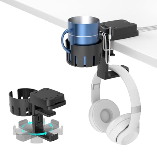 KDD 3 en 1 Soporte Auriculares Gaming con Portavasos de Escritorio - Universal Porta Cascos Mesa Giratorio & Soporte Tazas con Organizador de Cables para Todas los Cascos Tazas Hogar Oficina Juegos