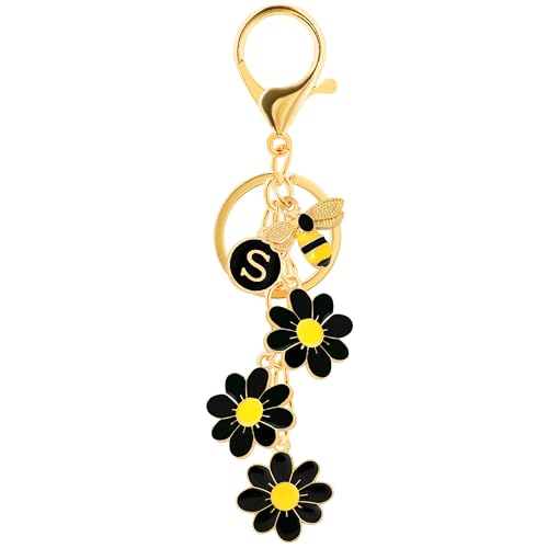 ANHBKAR Chaveiro de letras com flor e abelha para mulheres, meninas - pingente de bolsa inicial para mochila, bolsa, bolsa de mão ou bolsa escolar, Preto, P