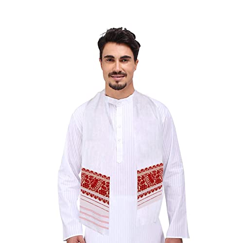 Assamese Poly Cotton Japi Design Bihu White and Red Gamosa (Pack-1)
