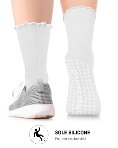 Image of Aoliks White Pilates Grip Socks for Women, Ruffle Yoga Crew Socks for Barre Hospital Sticky Slipper Socks
