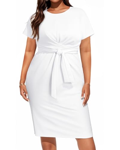 Pinup Fashion Plus Size Dresses for Women Wedding Guest Short Sleeve Tie Front Waist Belted Pencil Work Knee Dress2