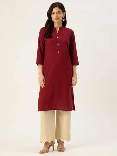 Image of feranoid Women's Plain Cotton Kurta with Mandarin Collar, 3 /4 Sleeves & Pocket
