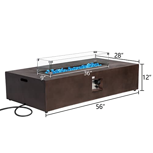 COSIEST Outdoor Propane Fire Pit Table, 56-inch x 28-inch Rectangle Bronze Compact Concrete-Like Finish, Certified, 50,000 BTU Stainless Steel Burner w Blue Fire Glass, Wind Guard, Raincover