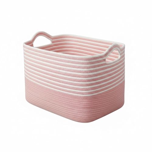 Image of Large Storage Basket, Woven Blanket Basket, Toy Basket with Handle, Laundry Hamper for Living Room, Nursery, Bedroom- 20x15x12 (LXWXH) (baby pink mix)