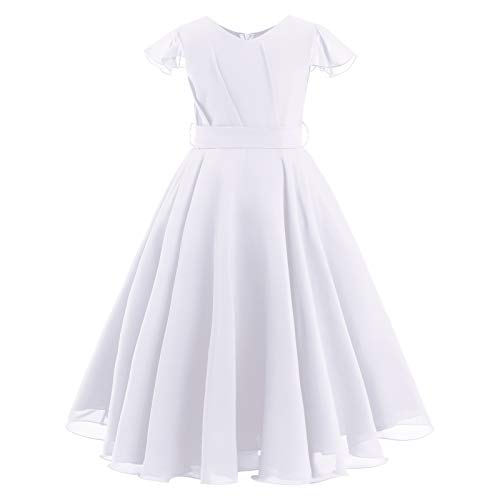 Flower Girls Chiffon A-line Dresses Cap Sleeves Floor Length Holy Communion Dress Junior Bridesmaid Party Pageant Dance Maxi Gown Birthday Christening Wedding Party Gown White 3-4 Years