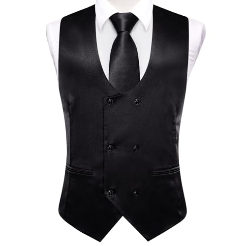 Hi-Tie Mens Satin Double-Breasted Suit Vest Tie Pre-tied Bowtie Pocket Square Cufflinks Slim Fit Wedding Business Waistcoats4