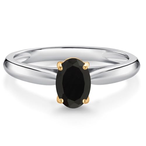 Gem Stone King 10K White and Yellow Gold Black Onyx Solitaire Engagement Ring For Women (0.70 Cttw, Oval 7X5MM, Gemstone December Birthstone, Available In Size 5, 6, 7, 8, 9)