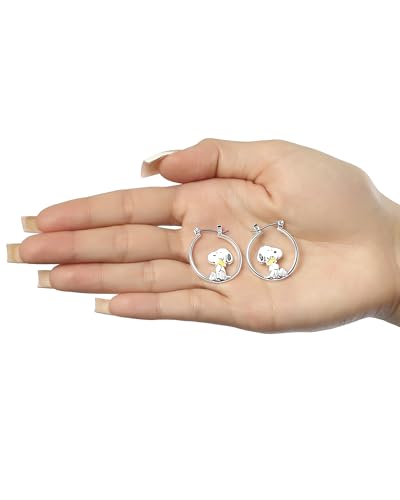 Peanuts Snoopy Earrings for Women Official License, Silver Flash-Plated Hoop Earrings with a Snoopy and Woodstock Accessory3