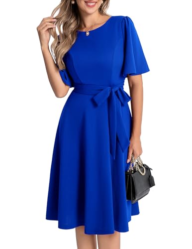 Bbonlinedress Abendkleider elegant für Hochzeit Winterkleid Damen elegant Kurzarm festliches Kleid midilang Party Cocktailkleid mit Gürtel Royal...