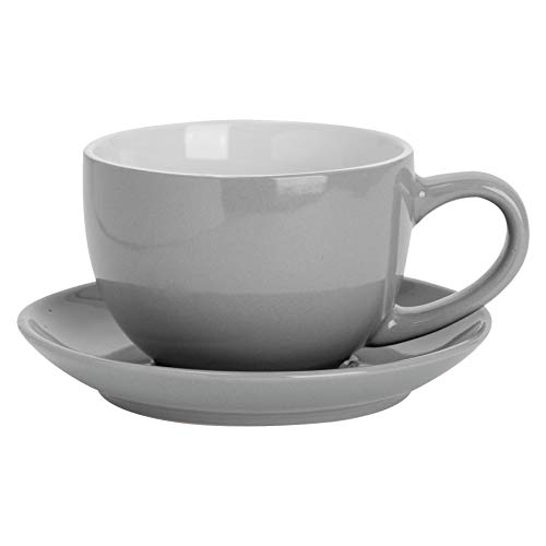 Argon Tableware Grey Cappuccino Cup with Saucer - 250ml Dishwasher Safe Gloss Stoneware Cappuccino Cups and Saucer Set Coffee Mugs with Handle and Grooved Plate