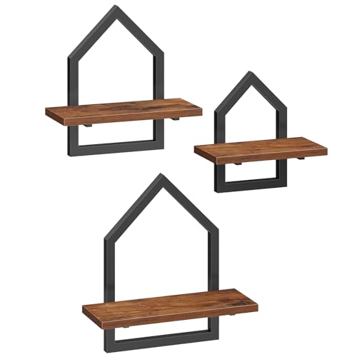 HOOBRO Estante de Pared, Juego de 3 Tamaños (Grande, Mediano y Pequeño), Balda Flotante con Marco Metálico Pentagonal, Mezcla Bricolaje, para Salón, Baño, Cocina, Marrón Rústico y Negro EBF12BJP301