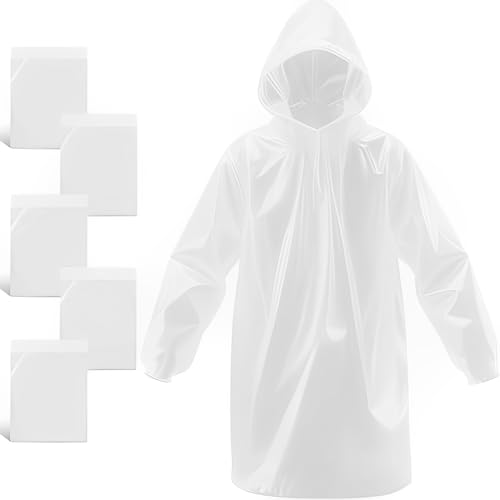 JITIFAZH Rain Ponchos Disposable for Adults 5 Pcs Clear Family Pack Raincoats with Hood for Disney Travel (Transparent-Pullover)