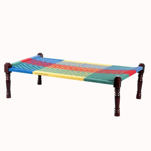 Image of Solid Sheesham Wood Charpai Khat | Handcrafted Daybed Khatiya Charpai with Cotton Rope | Traditional Khat Bed Wooden Diwan Cot for Living Room | 6X3 Feet | Colorful 004 (Blue-Multi)