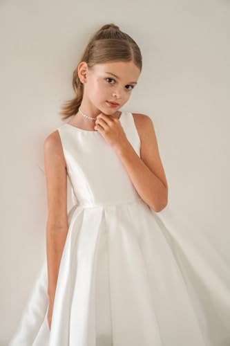 Satin Flower Girl Dress Ball Gown Tea Length Princess Pageant Dresses with Bow First Communion Dress4