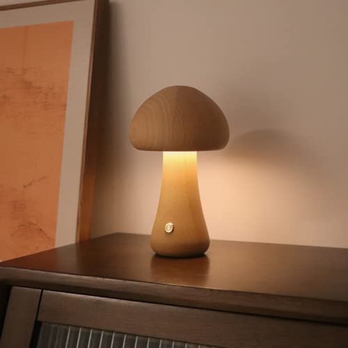 Image of wood lamp Bedroom bedside lamp Mini night light small lamps for small spaces Warm light wood bedside lamp Mini mushroom lamp Rechargeable portable night light Bedroom Living room Table Kitchen Camping
