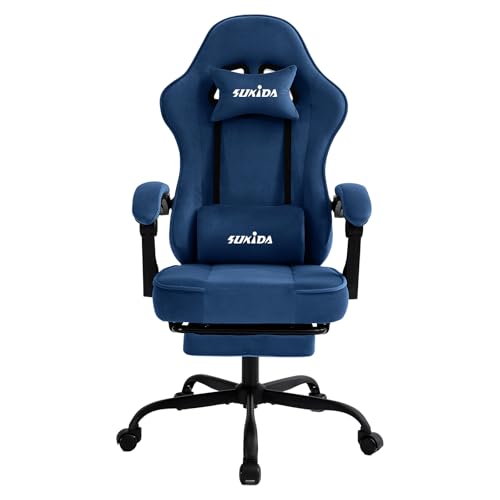 SUKIDA Gaming Stuhl, Ergonomischer Gaming Chair mit Fußstütze, Verstellbarer Racing Computerstuhl mit Lordosenstütze, Blau Ergonomisch Stoff PC-Stuhl
