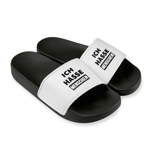 Tassenbrennerei Ich Hasse Menschen - Badelatschen für Herren & Frauen - Lustige Hausschuhe Schlappen - Dusch- & Badeschuhe lustig (Schwarz EU Schuhgrößensystem Erwachsene Numerisch M 38)