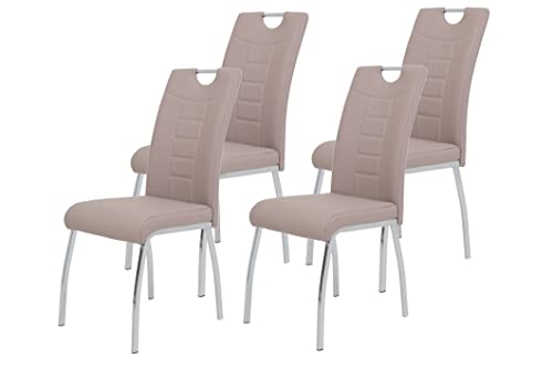 Hela Tische, 4er Set Esszimmerstuhl Andrea, Bezug Kunstleder Cappuccino, Rundrohgestell Chrom, 100x43x64 cm