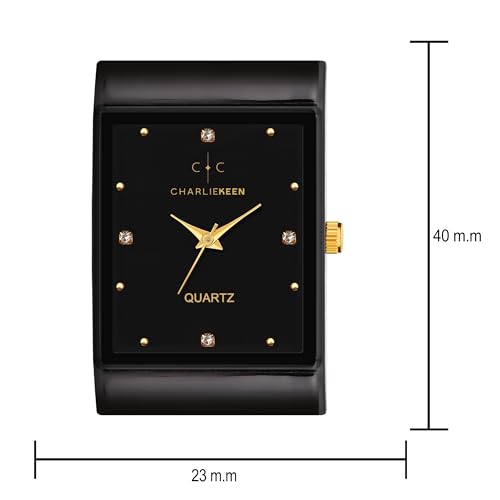 Image of CHARLIEKEEN Rectangular Wristwatch, Black Dial with Rose Gold Roman Numerals, Silicone Strap, Elegant Style