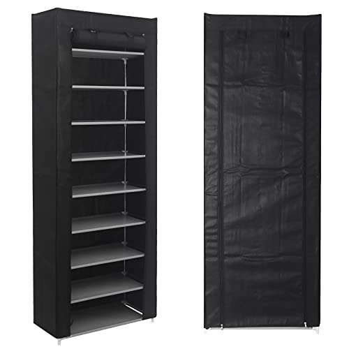 Rainberg 10 Tier Shoes Rack with Dustproof Cover, Shoe Storage Cabinet, Shoe Organizer, Easy to Assemble, Hold up to 25-30 Pairs (H 158cm x W 58cm x D 30cm) (Black)