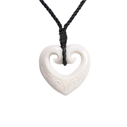 81stgeneration Collana Unisex Pendente in Osso Scolpito a Mano Maori Doppio Cuore Koru Amore Spirale