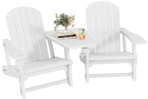 Shintenchi Adirondack Chairs Set of 2 HDPE Adirondack Chairs w/Removable Tablelop & Umbrella Hole All-Weather Wooden Textured Plastic Outdoor Chairs w/Cup Holders for Garden Backyard Pool White