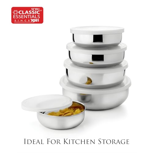 Image of CLASSIC ESSENTIALS Steel Fridge container - 350 ml, 500 ml, 750 ml, 1200 ml, 1600 ml Steel Fridge Container (Pack of 5, Silver)
