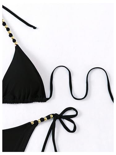 GORGLITTER Women's String Bikini Bead Triangle Swim Top and Tie Side Thong Cheeky Bathing Swimwear4
