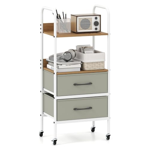 FANTASK Schubladenwagen Rollcontainer 3-stufig, Rollwagen mit 2 Stoffschubladen, Ablage & 4 Rollen, Metallrahmen für Zuhause & Büro, 30 x 43,5 x 96 cm