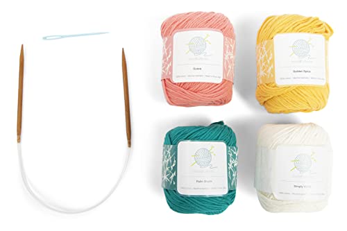 mindfulknits Beginnerâ€™s Knitting Kit with Knitting Needles, Yarn Needles & 100% Cotton Knitting Yarn (4) â€“ Tropical Beginners Basic Knitting Supplies Set for Relaxation & Stress Relief