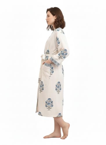Image of Hand Block Print Waffle Cotton Bathrobe For Women's Ultra-Soft & Lightweight After Bath Spa Bathrobe White | Highly Absorbent Free Size Soft & Comfortable