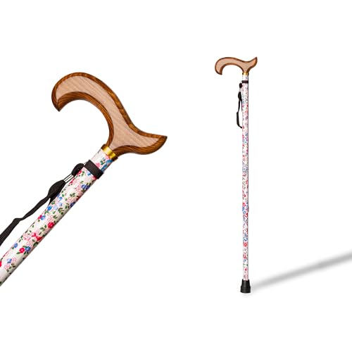 Bâton en aluminium extensible réglable en hauteur (74-95 cm) avec poignée en bois soufflé, embout antidérapant et finition florale. Bâton de béquille...