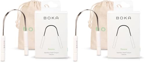 Image of Boka Tongue Scraper for Adults & Kids with Case - Stainless Steel Tongue Cleaner w /Linen Travel Pouch - Scrubber to Remove Tongue Buildup and Freshens Breath (Pack of 2)