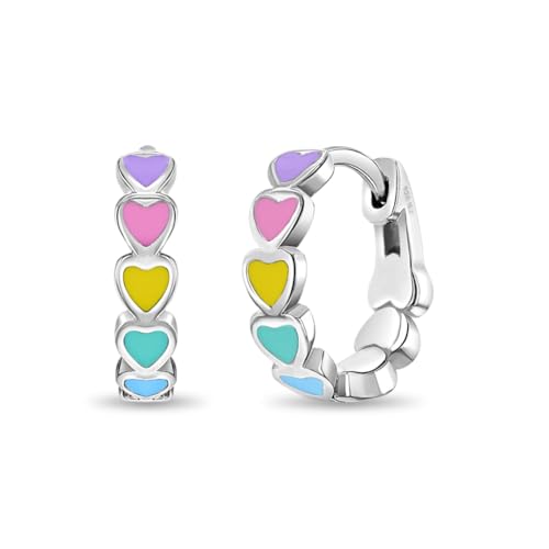 925 Sterling Silver Tiny Heart Enamel Huggie Hoop Earrings - Multicolored Heart Themed Hoops