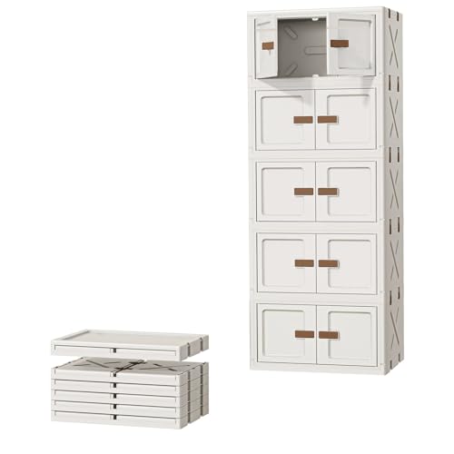 Image of House of Quirk 4 Layer Plastic Storage Box - Flip Storage Box, Foldable With 2 Door, Free Installation, Storage Wardrobe & Home Organizer (40cm, Cream)