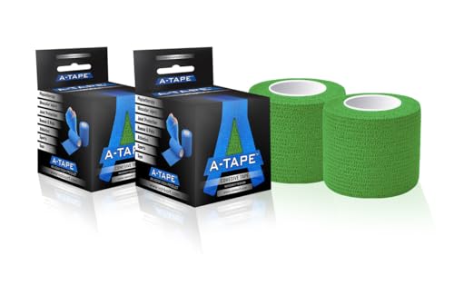 Image of A-Tape Breathable Self Adhesive Cohesive Bandage Wrap - Athletic Non-Woven for Sports, Medical Use, Injuries, Knee & Wrist Support - Suitable for Humans & Pets (Green, 5cm Pack Of 2)